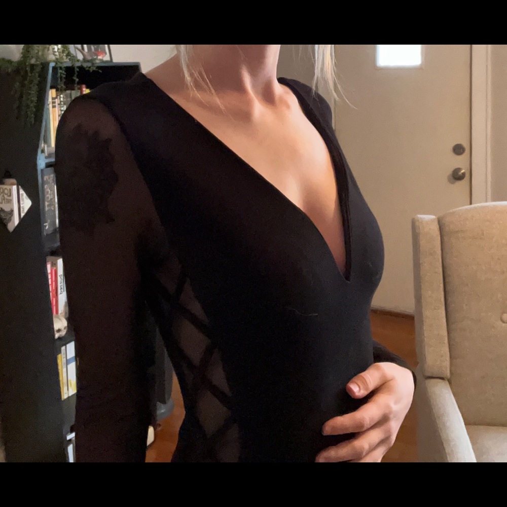 V-Neck, Mesh Side Black Dress